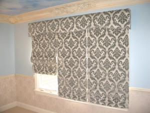 Shaped Cornice Board with Flat Roman Shades