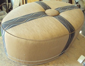 Custom Oval Ottoman with Center Push Button and Two Rows Nail Heads